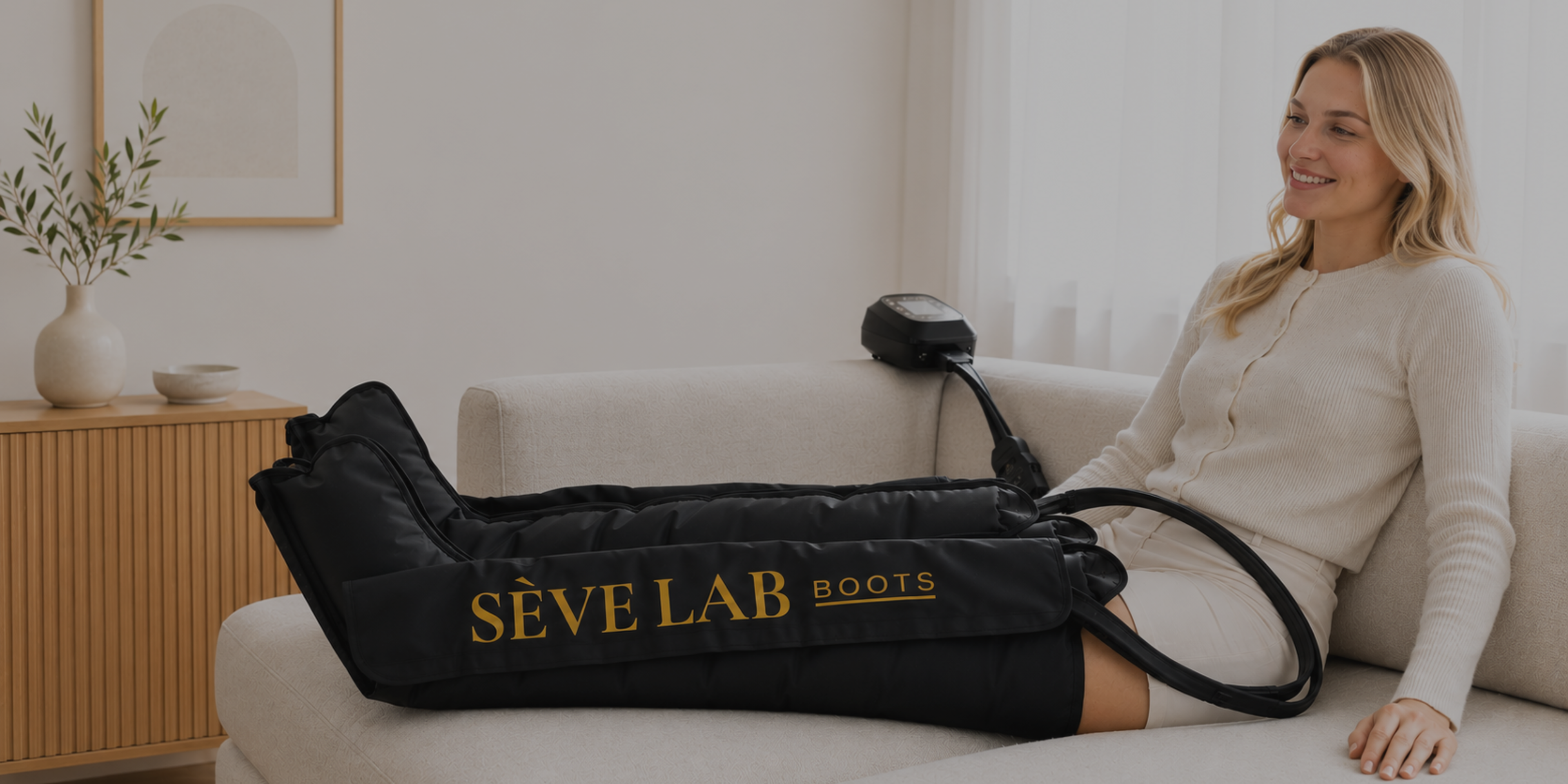 FEMME UTILISANT LES BOTTES DE PRESSOTHERAPIE SEVE LAB